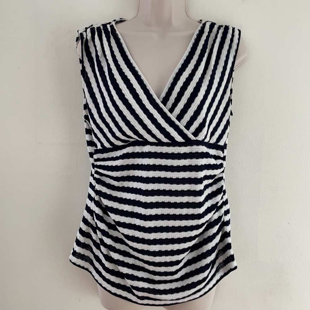 Ann Taylor Navy + White Faux Wrap Sleeveless Top